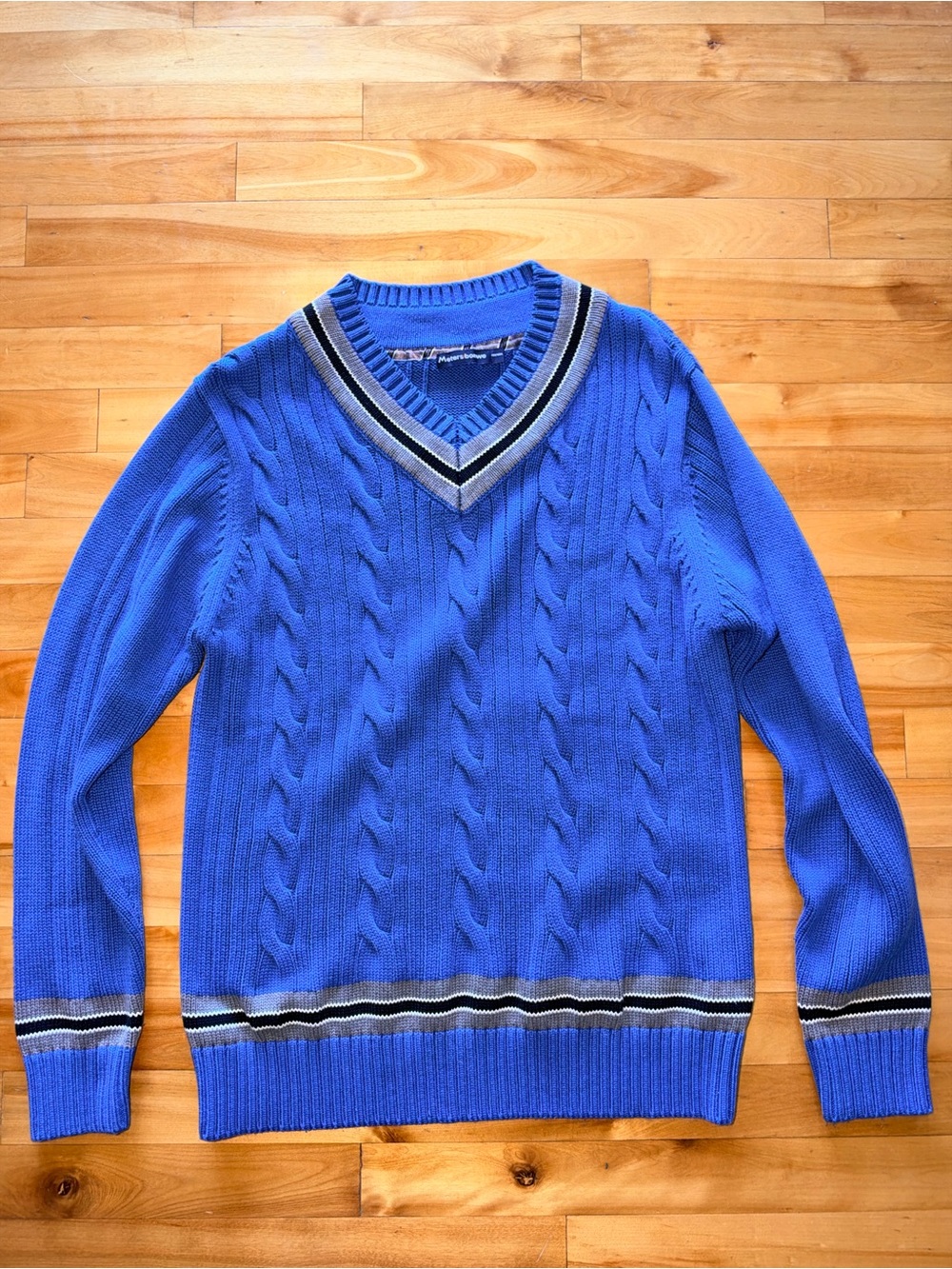 Metersbonwe Mens S Blue Cable Knit V Neck Sweater 180/100A Preppy Cotton